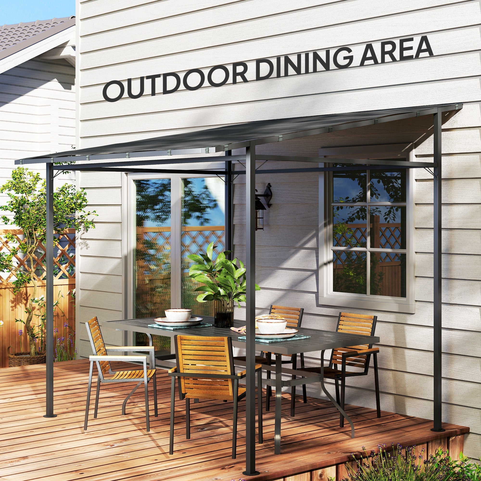 Outsunny 2.4 x 2.4 m Wall Mounted Pergola Gazebo with PA Coating Fabric and Metal Frame, UPF30+, Lean to Garden Gazebo, Wind Resistant Outdoor Sun Shade Shelter for Garden, Deck, Dark Grey 