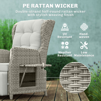 Outsunny Rattan Garden Recliner Chair, Reclining Garden Chair with Adjustable Back and Footrest, Flip Table, Cushion, Light Grey 