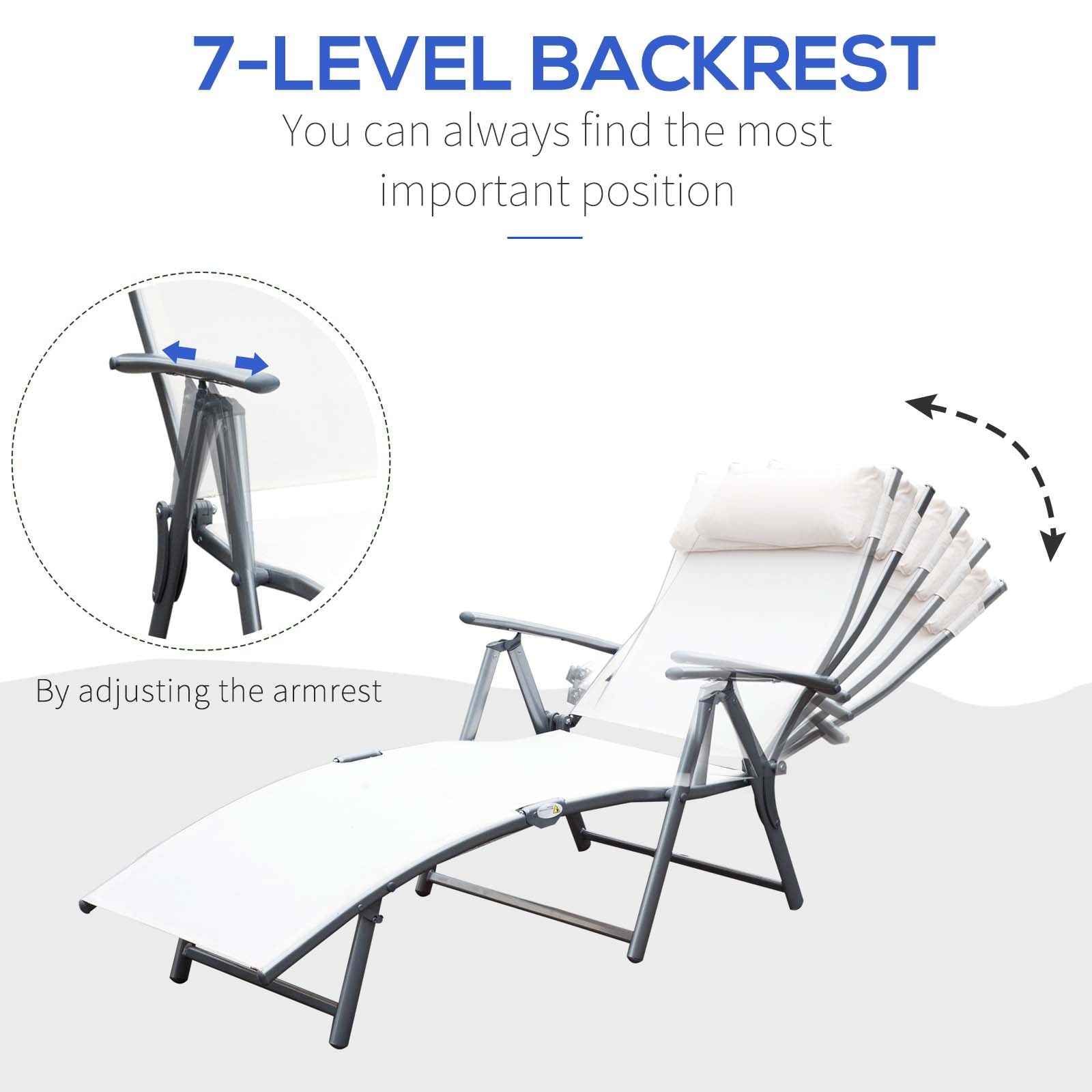 Outsunny Sun Lounger Steel Frame Outdoor Folding Chaise Texteline Lounge Chair Recliner with Headrest & 7 Levels Adjustable Backrest, Cream White 