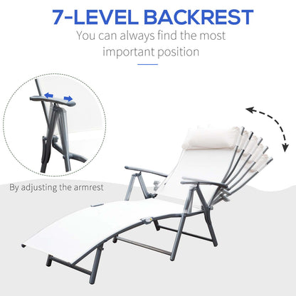 Outsunny Sun Lounger Steel Frame Outdoor Folding Chaise Texteline Lounge Chair Recliner with Headrest & 7 Levels Adjustable Backrest, Cream White 