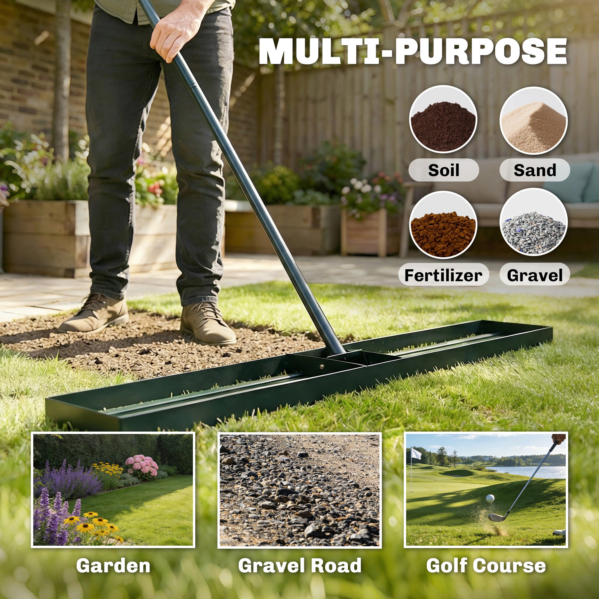 Outsunny Lawn Levelling Rake, 113 x 26 cm Lawn Leveller Lute with 169 cm Handle for Grass Soil Sand Yard Golf Course 