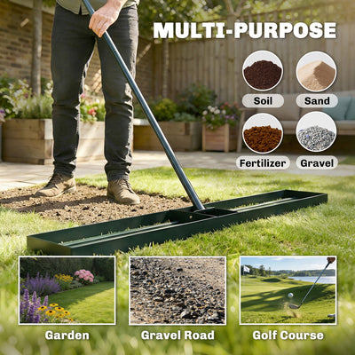 Outsunny Lawn Levelling Rake, 113 x 26 cm Lawn Leveller Lute with 169 cm Handle for Grass Soil Sand Yard Golf Course 