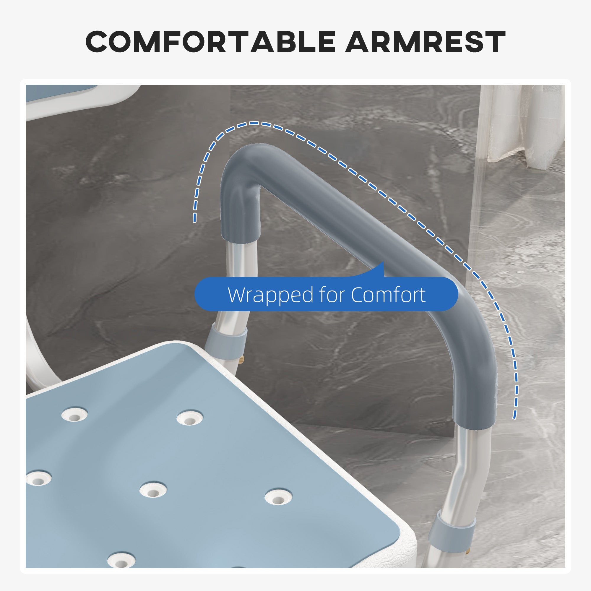 HOMCOM EVA Padded Shower Chair for the Elderly and Disabled, Height Adjustable Shower Stool with Back and Arms, 4 Suction Foot Pads, Light Blue 