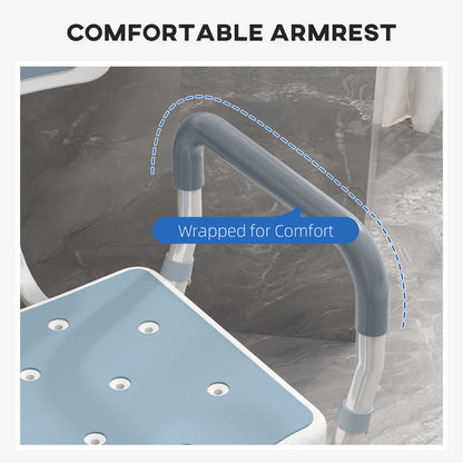 HOMCOM EVA Padded Shower Chair for the Elderly and Disabled, Height Adjustable Shower Stool with Back and Arms, 4 Suction Foot Pads, Light Blue 