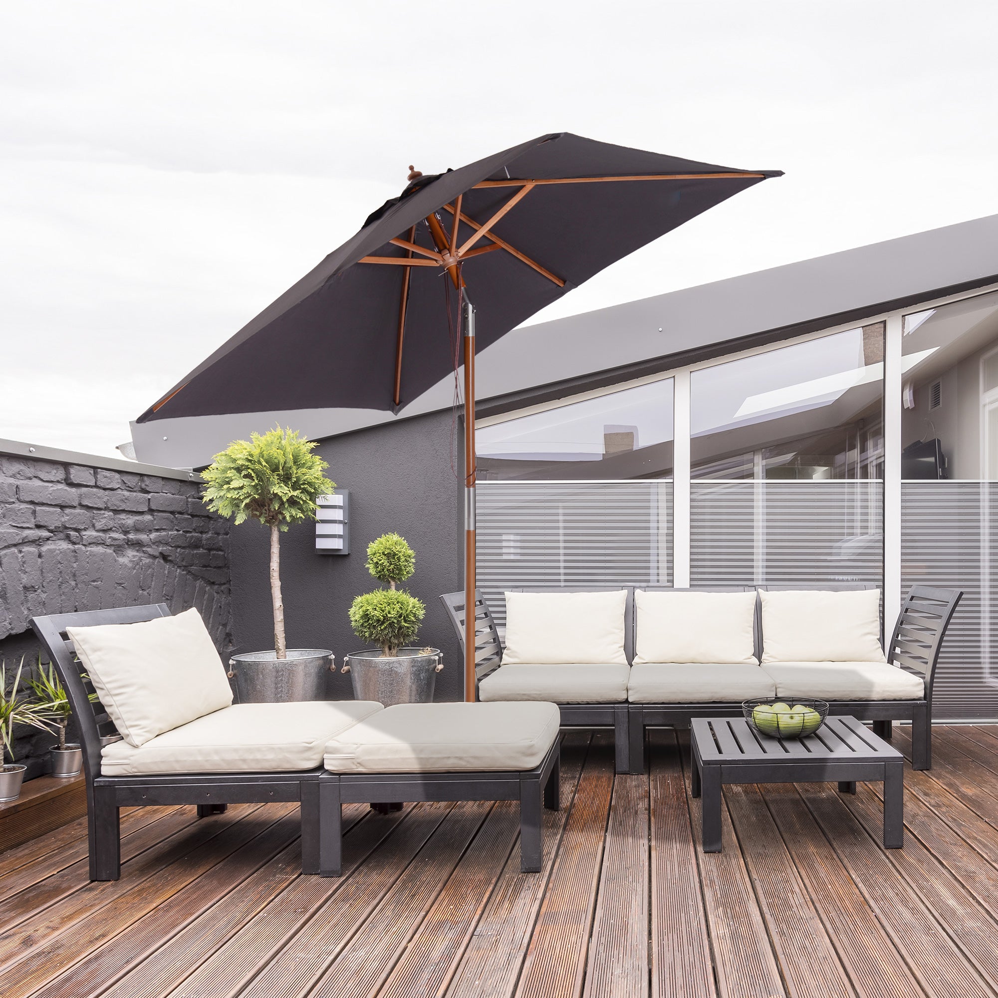 Outsunny 2m x 1.5m Garden Parasol Umbrella with Tilting Sunshade Canopy, Outdoor Market Table Umbrella with Wood and Bamboo Frame, Grey 