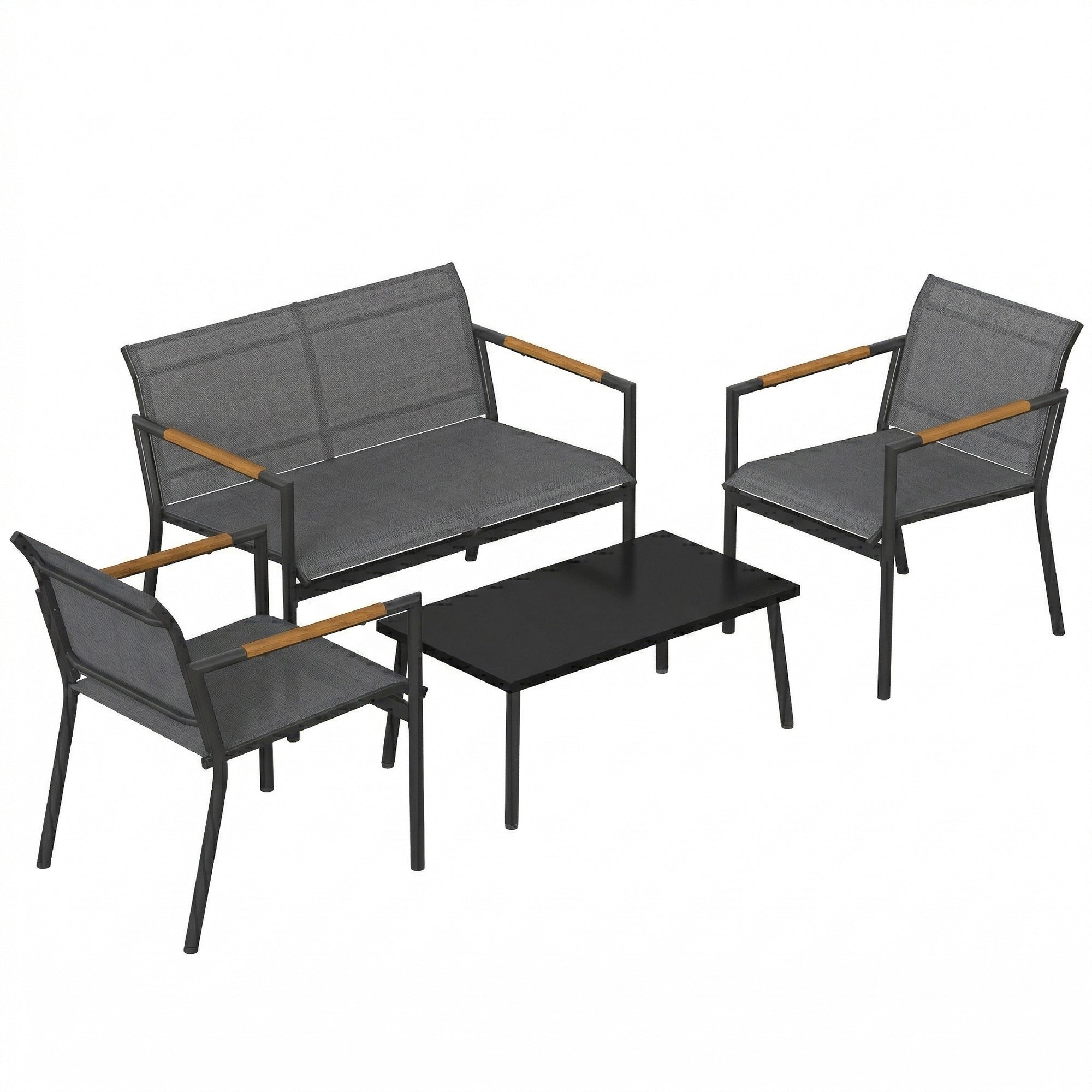 Outsunny 4 Seater Garden Furniture Set with Loveseat, Armchairs, Table, Metal Garden Sofa Set with Breathable Seats, Grey 