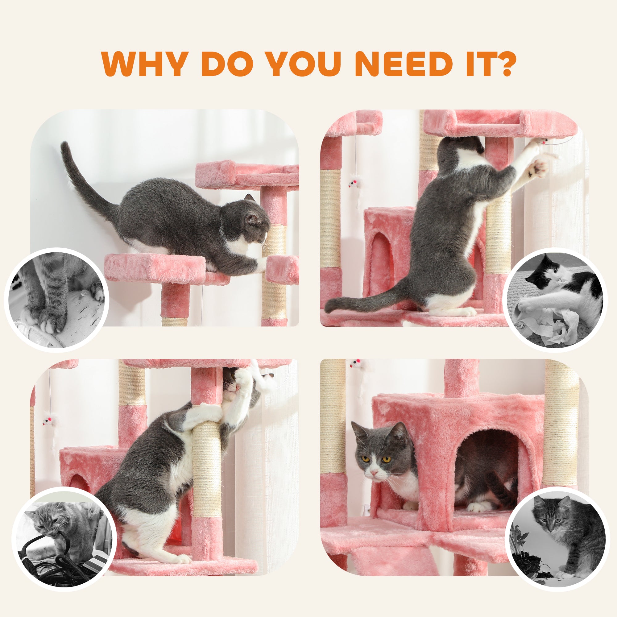 PawHut 173cm Cat Tree Scratching House, Activity Play Centre, Pink 