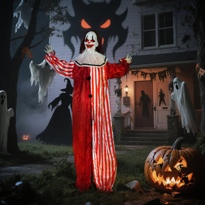 Outsunny 165 cm Life Size Halloween Animated Clown with Red Light Up Eyes, Sound Activated Moving Body, Scary Clown Halloween Decorations, Battery Operated, Indoor Party Props 