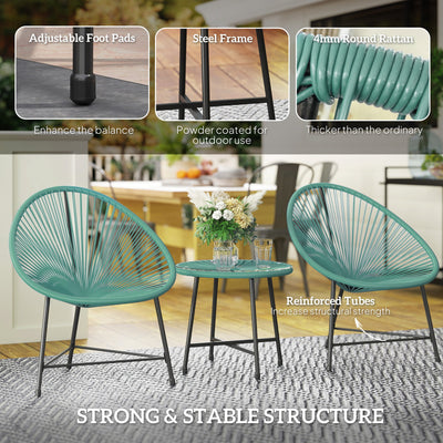 Outsunny Rattan Bistro Set with Acapulco Chairs and Glass Table, Green 