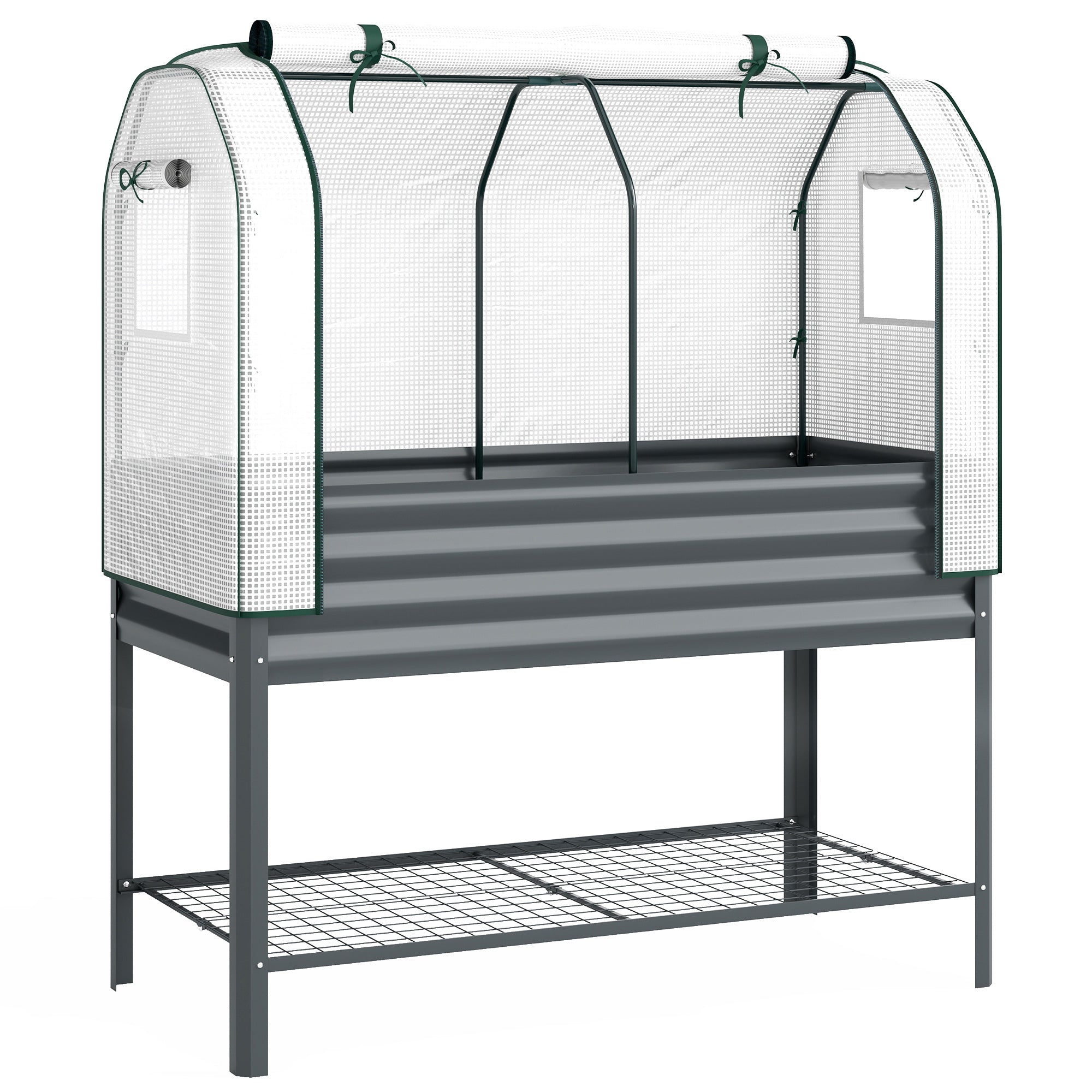 Outsunny Galvanised Raised Planter with Greenhouse Cover, Metal Raised Garden Bed on Legs with Bed Liner and Bottom Shelf 