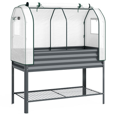 Outsunny Galvanised Raised Planter with Greenhouse Cover, Metal Raised Garden Bed on Legs with Bed Liner and Bottom Shelf 