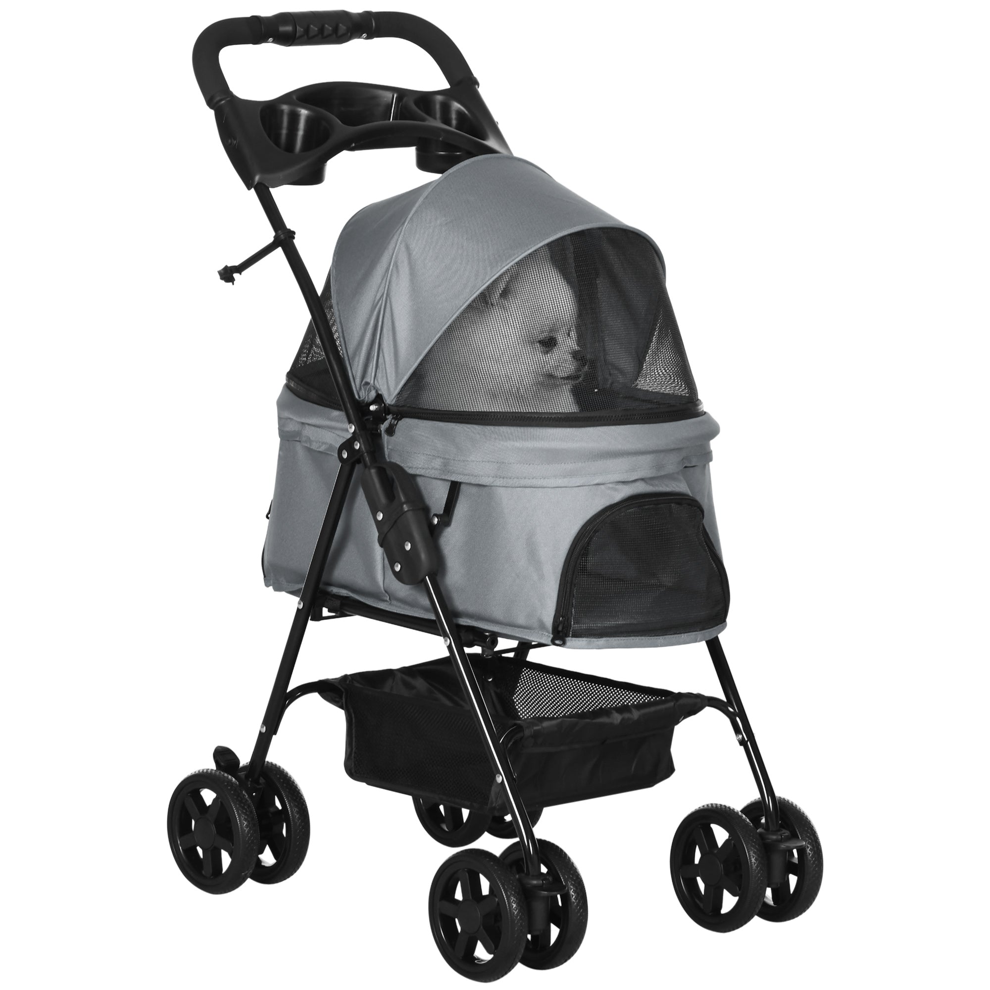 PawHut Dog Pram Dog Stroller Foldable Pet Pushchair with 4 Wheels, Safety Leashes, Cup Holder for Small Dogs, Grey 