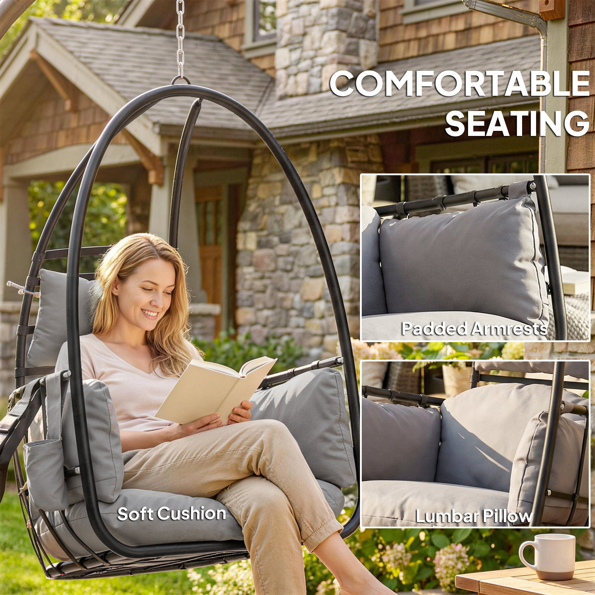 Outsunny Hanging Egg Chair, Indoor Outdoor Swinging Hammock Chair with Stand, Foldable Basket, Side Pocket, Dark Grey 