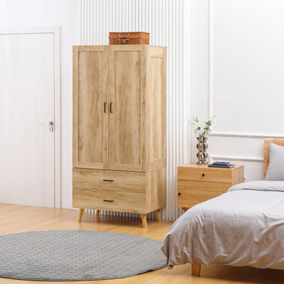 HOMCOM 2 Door Wardrobe, Modern Wardrobe with 2 Drawer and Hanging Rail for Bedroom, Natural 