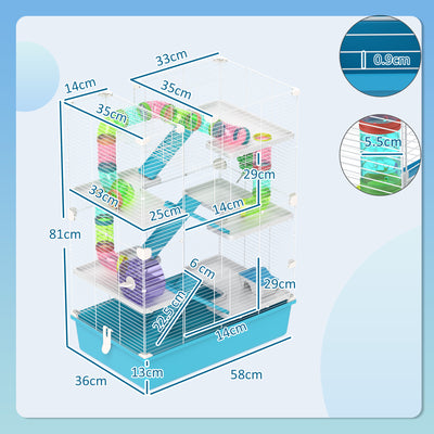 PawHut 6 Tier Hamster Cage, Small Animal Cage with Tubes, Exercise Wheel, Ramps, Hut, Food Dish, Water Bottle, Light Blue 