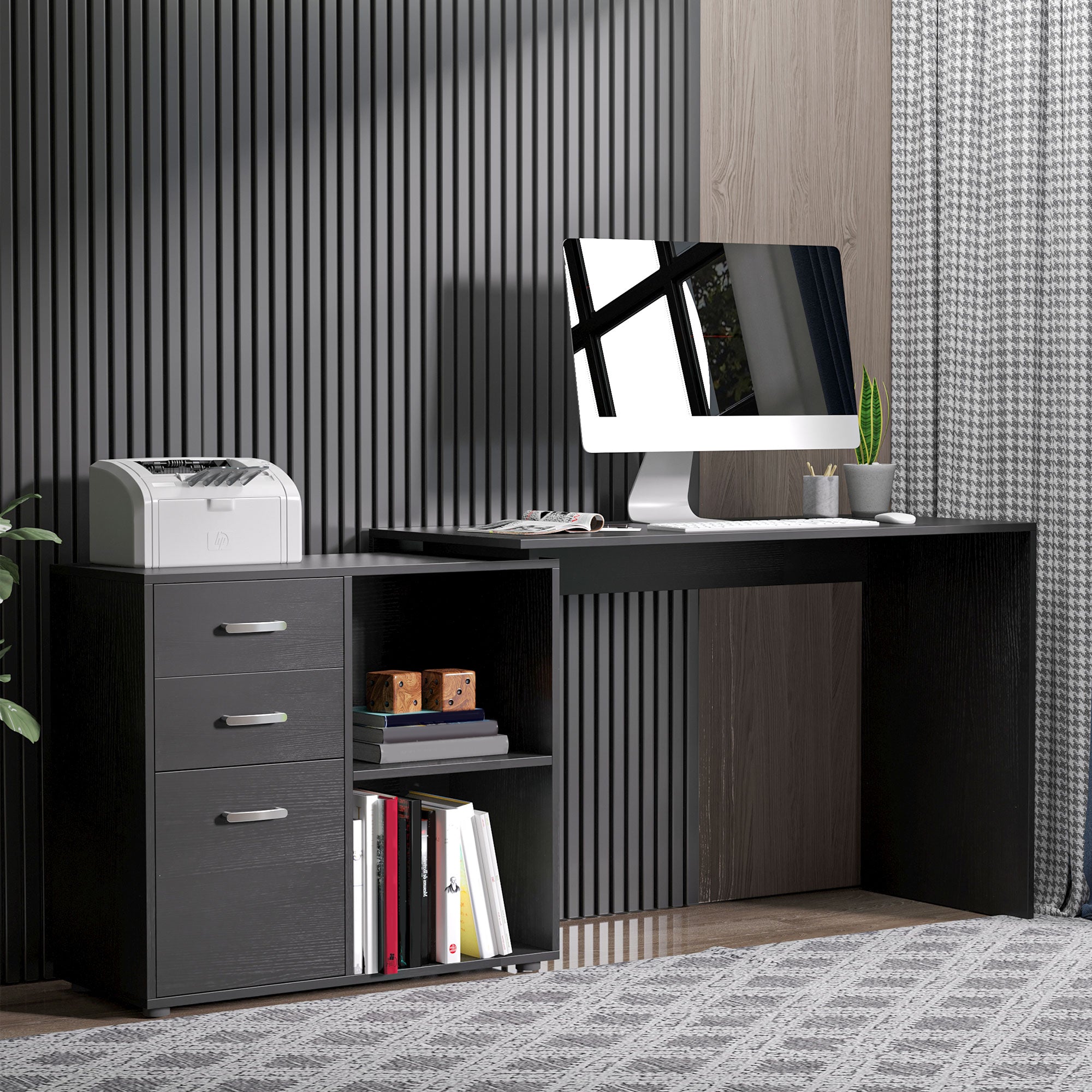 HOMCOM L Shaped Computer Desk, Reversible Home Office Desk with Drawers, File Cabinet and Storage Shelves, Study Table, 117 x 83.5 x 76cm, Black 