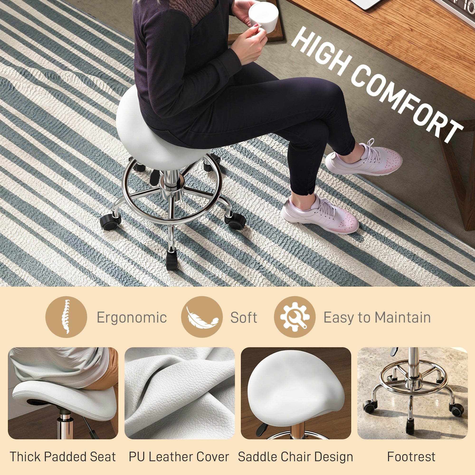 HOMCOM Salon Saddle Stool, Rolling Saddle Chair for Massage, Spa, Clinic, Beauty, Hairdressing and Tattoo, White 