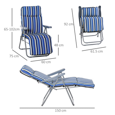 Outsunny Reclining Garden Chair Set of 2, 5-Level Adjustable Zero Gravity Chairs with Cushions, Folding Sun Lounger Garden Recliner Chairs with Armrests for Outdoor, Patio, Blue Stripe 