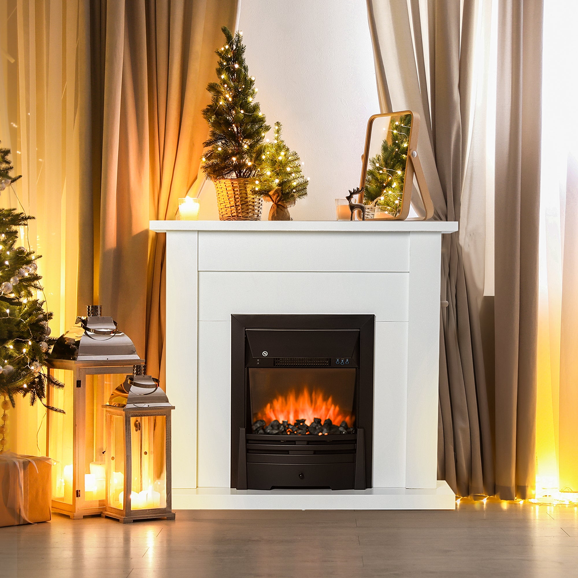 HOMCOM Electric Firplace Suites & Mantelpiece w/LED Flames Remote Marble Stone Modern Curved Surround Intelligent Safe Tempered Glass Adjustable Thermal 1000W/2000W 