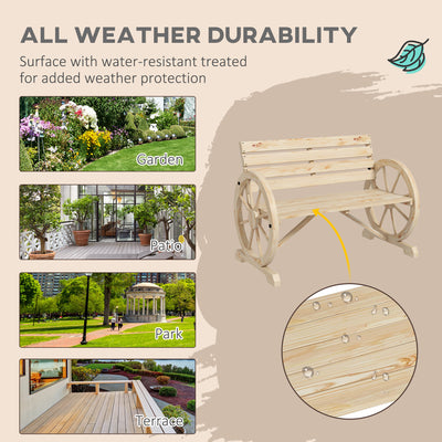 Outsunny Wagon Wheel Chair Bench Armrest Rustic Loveseat Wood Outdoor Garden, Natural 