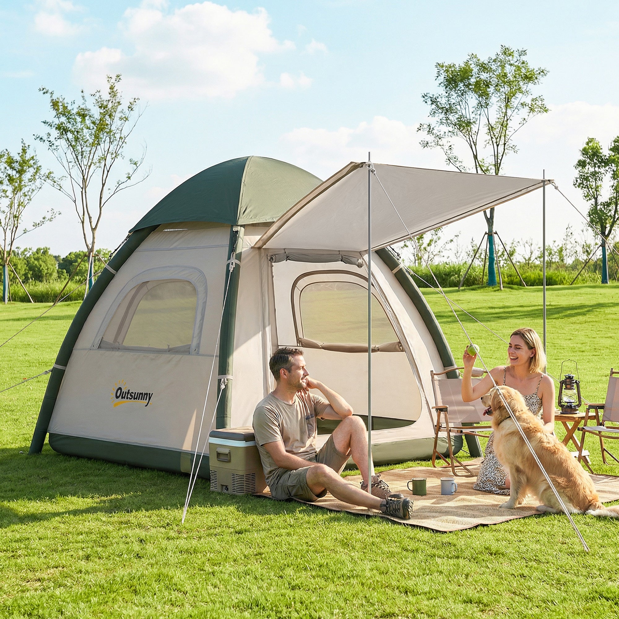 Outsunny Inflatable Camping Tent with Rainfly, 3 Man Air Tent 3000mm Waterproof Blow Up Tents, Beige 