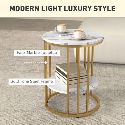 HOMCOM Set of Two Marble-Effect Coffee Tables - White/Gold-Tone 