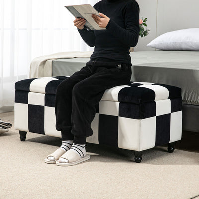 HOMCOM 114 x 47 x 47cm Velvet Storage Ottoman, Button-tufted Footstool Box, Toy Chest with Lid for Living Room, Bedroom, White and Black 