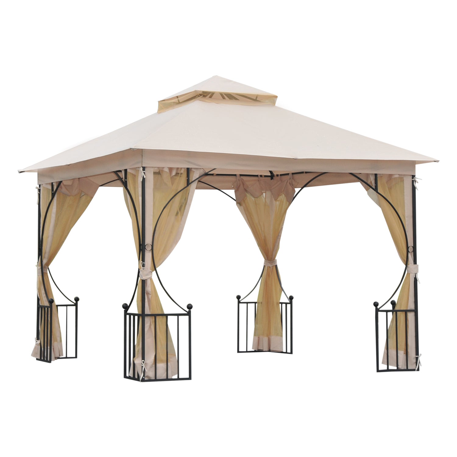 Outsunny 3 x 3(m) Garden Gazebo Patio Party Tent Shelter Outdoor Canopy Double Tier Sun Shade Metal Frame Netting, Beige 