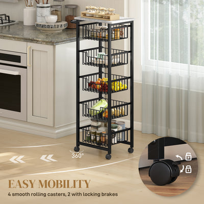 HOMCOM Five Basket Mobile Kitchen Island, with Brakes - Grey/Black 