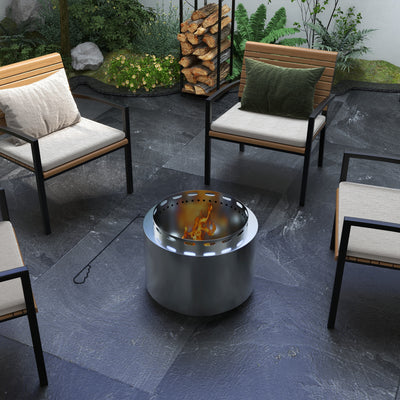 Outsunny Smokeless Fire Pit, 48.5cm Portable Wood Burning Firepit with Poker for Garden Camping Bonfire Party, Stainless Steel, Silver 