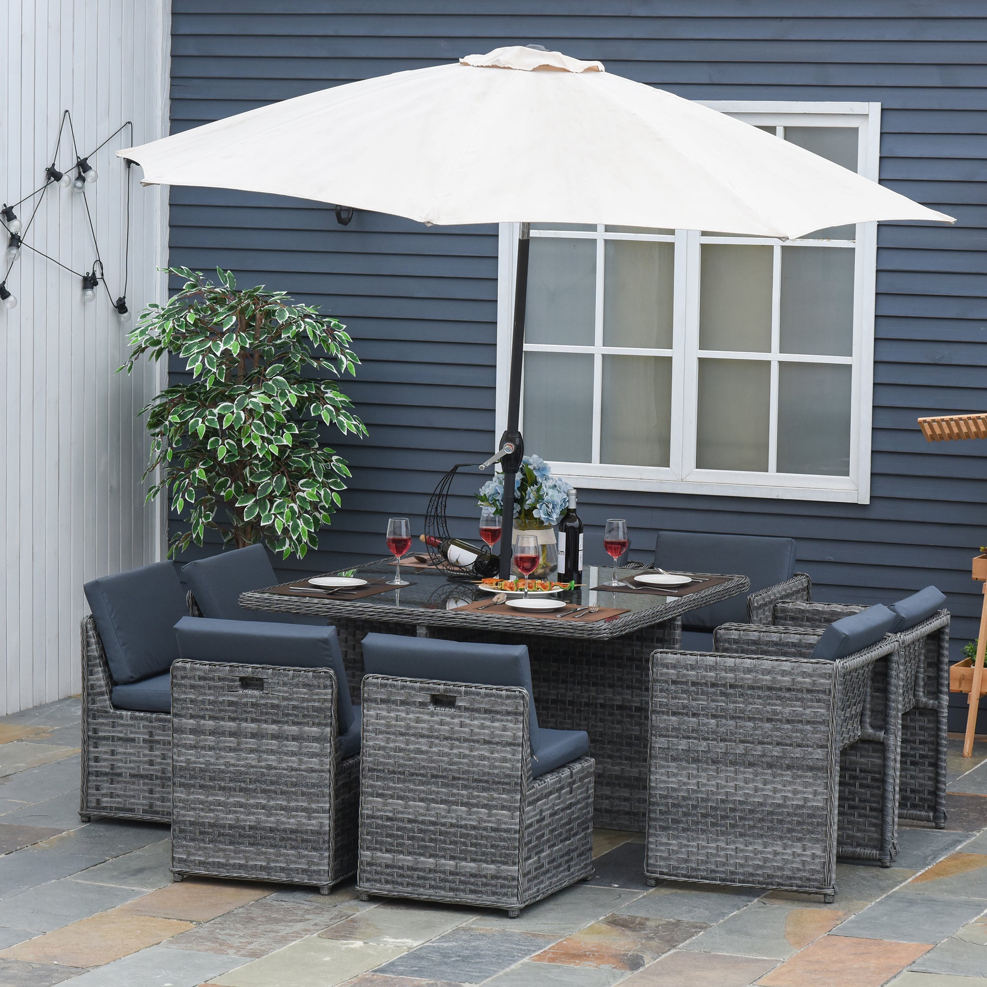 Outsunny 8 Seater Rattan Cube Garden Furniture Set with Parasol Hole, Rattan Dining Set with Cushions, Outdoor Dining Table and Chairs with Square Glass Top Table for Patio, Balcony, Mixed Grey 