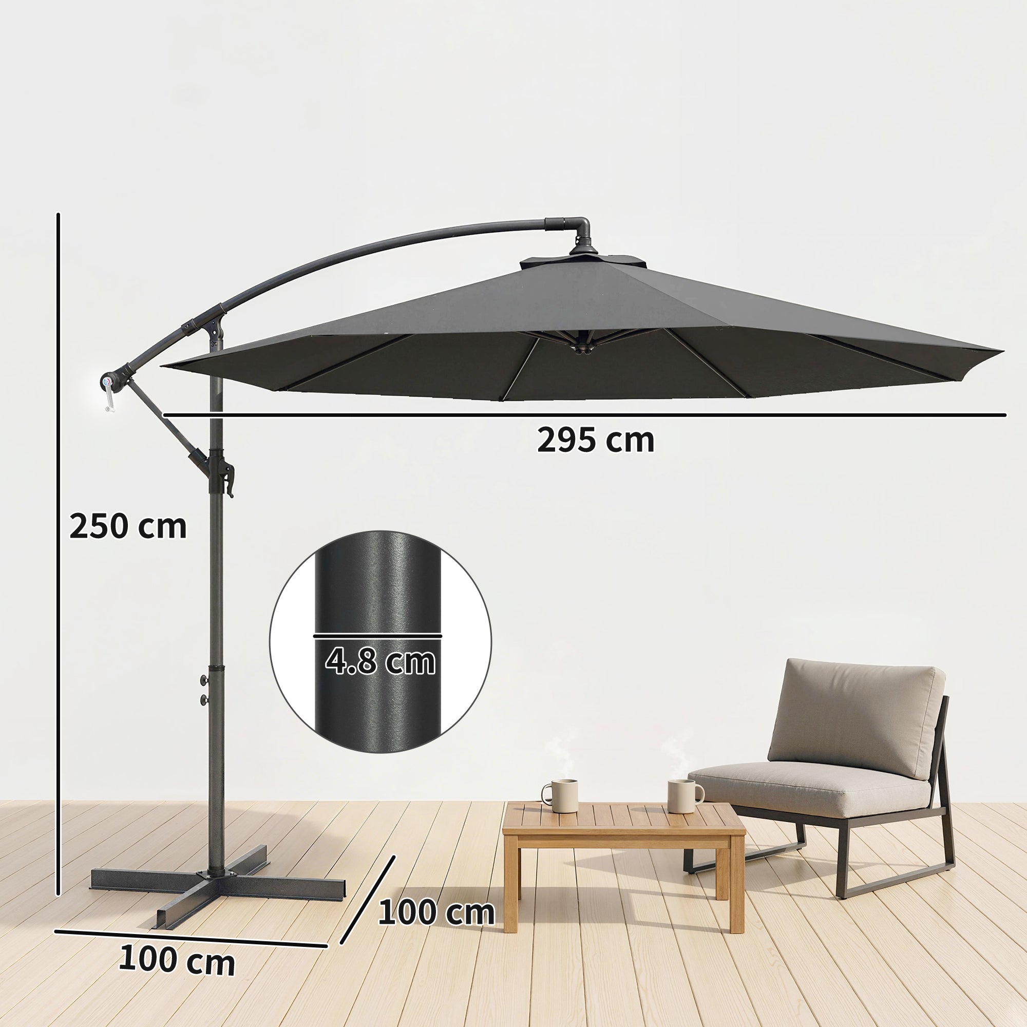 Outsunny 3m Overhanging Cantilever Parasol, with Cross Base - Grey 
