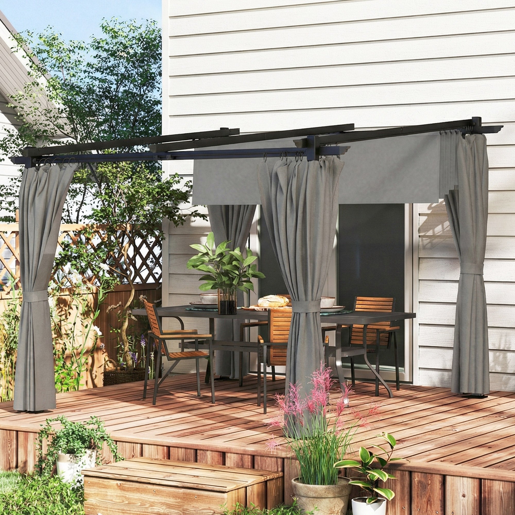 Outsunny 3 x 3 m Retractable Roof Pergola, with Curtains - Light Grey 