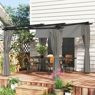 Outsunny 3 x 3 m Retractable Roof Pergola, with Curtains - Light Grey 
