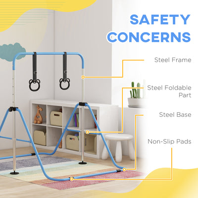 HOMCOM Adjustable Height, Foldable Kids Gymnastics Bar w/ Non-Slip Mats, for 3+ Years, Blue 