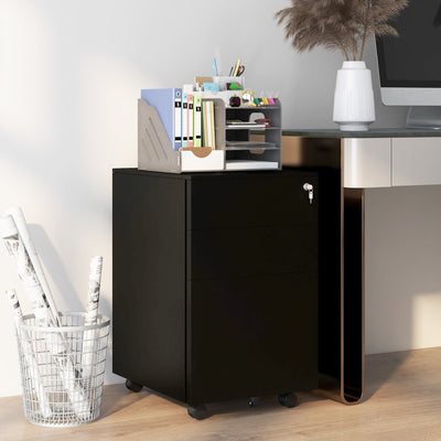 Vinsetto 3-Drawer Vertical Filing Cabinet with Pencil Tray, Lock and 5 Wheels, Steel Mobile File Cabinet, for A4, Legal and Letter Size, Pre-Assembled Body, Black 