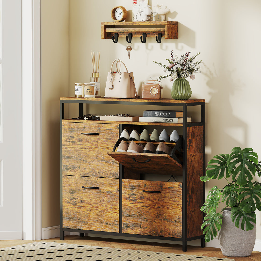 HOMCOM Shoe Storage Cabinet with 4 Flip Drawers and Open Shelf - Rustic Brown 