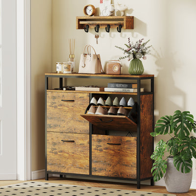 HOMCOM Shoe Storage Cabinet with 4 Flip Drawers and Open Shelf - Rustic Brown 