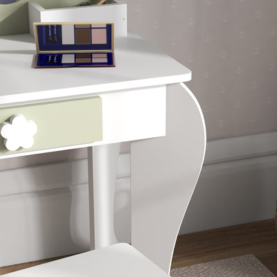 ZONEKIZ Kids Vanity Table with Mirror and Stool, Drawer, Storage Boxes, Flower Design, for Ages 3-6 Years - White 