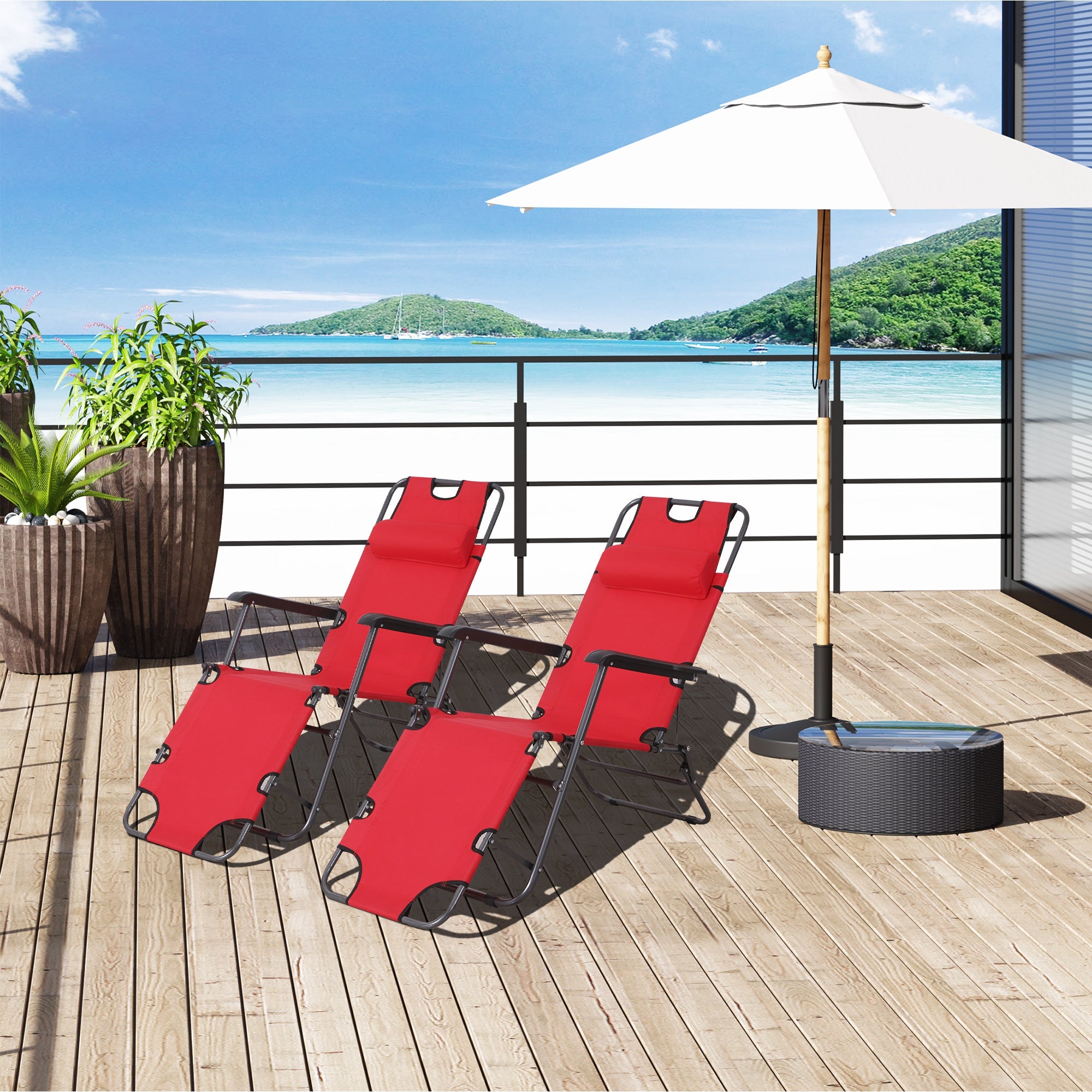 Outsunny 2 Pieces 2 in 1 Sun Lounger Folding Reclining Chair Garden Outdoor Camping Adjustable Back with Pillow, Red 