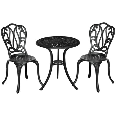 Outsunny 3 Piece Garden Bistro Set, Cast Aluminium Outdoor Furniture Set with Umbrella Hole for Balcony, Porch, Patio, Black 