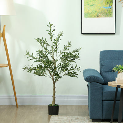 HOMCOM 4ft/ 120cm Decorative Artificial Plant, Silk Olive Tree with 450 Leaves and 20 Olive Fruits in Pot, Fake Plant for Home, Office, Living Room, Indoor Decor 