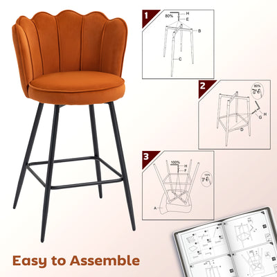 HOMCOM Set of Two Velvet-Feel Lotus Bar Stools - Orange 