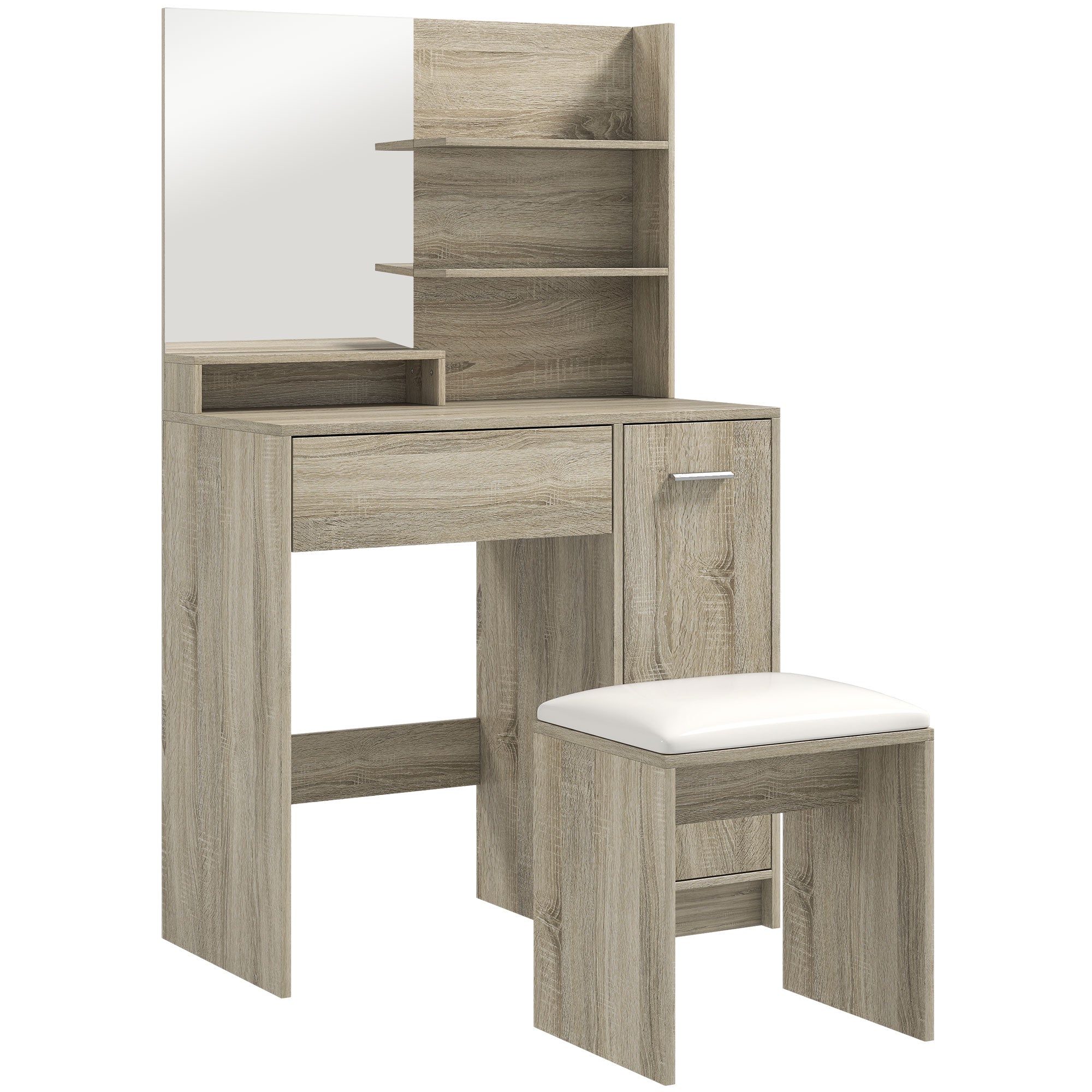 HOMCOM Dressing Table and Stool Set, with Storage - Natural Wood Finish