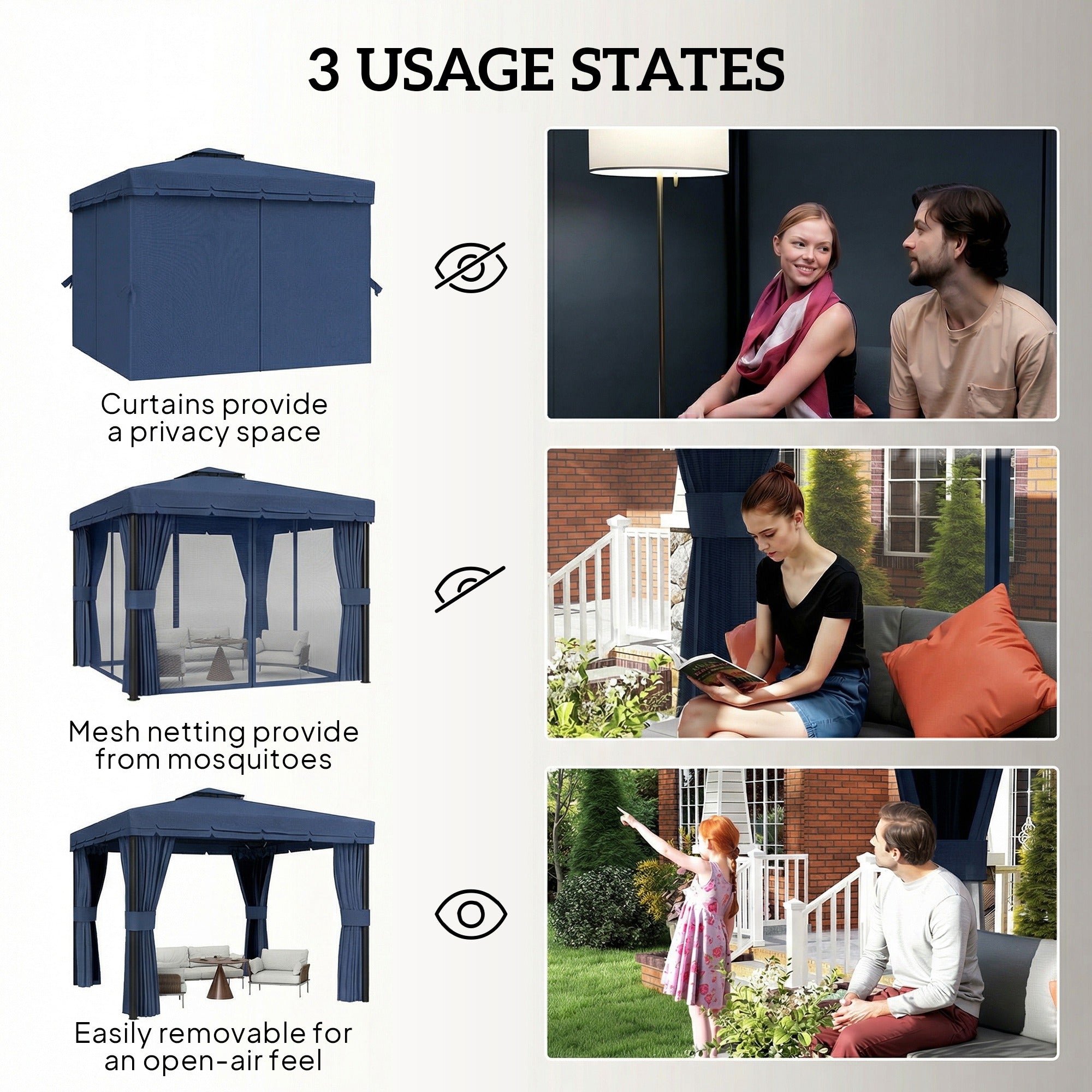 Outsunny 3 x 3(m) Patio Gazebo Canopy Garden Pavilion Tent Shelter Marquee with 2 Tier Roof, Netting and Curtains, Dark Blue 