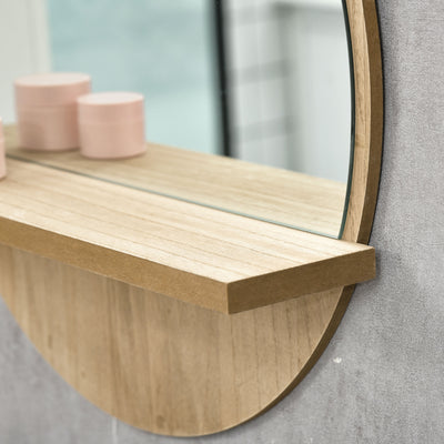 kleankin 45cm Round Home Mirror, with Shelf - Natural Wood Effect 