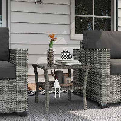 Outsunny 50cm Outdoor PE Rattan Coffee Table, Patio Wicker Two-tier Side Table with Glass Top, for Patio, Garden, Balcony, Grey 