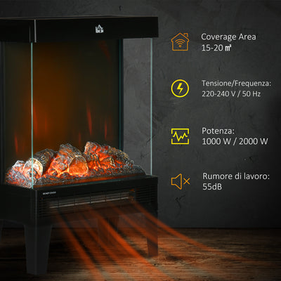 HOMCOM 180\'c2\'b0 Charming Electric Fireplace Heater, Quiet Freestanding Stove with LED Flame Effect, Level-less Temperature Control, Overheating Protection, 1000W/2000W, Black 