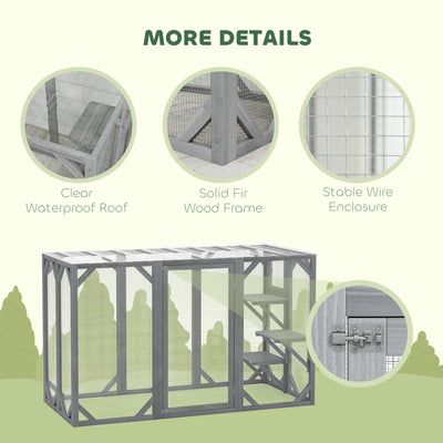 PawHut 71" Outdoor Wooden Cat House with 3 Platforms, Large Door and Weatherproof Roof, for Multiple Cats, Grey 