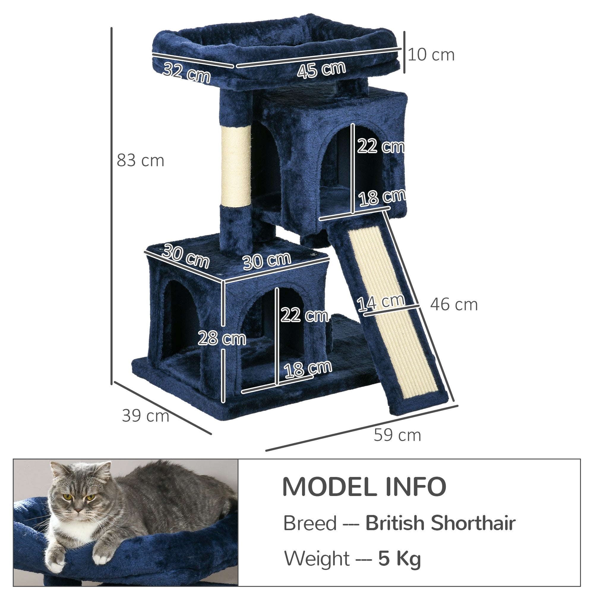 PawHut Sisal Cat Rest & Play Activity Tree w/ 2 House Navy Blue 